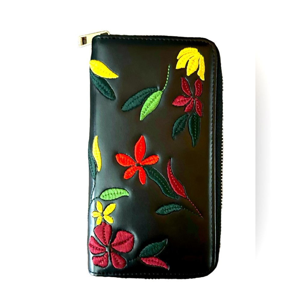 🩷💛Embroidered‎ Black Faux Leather Zip Wallet💛🩷